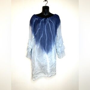 Scandal Italy Women's Shift Dress OS Silk Indigo Tie Dye Bell Sleeves Peasant